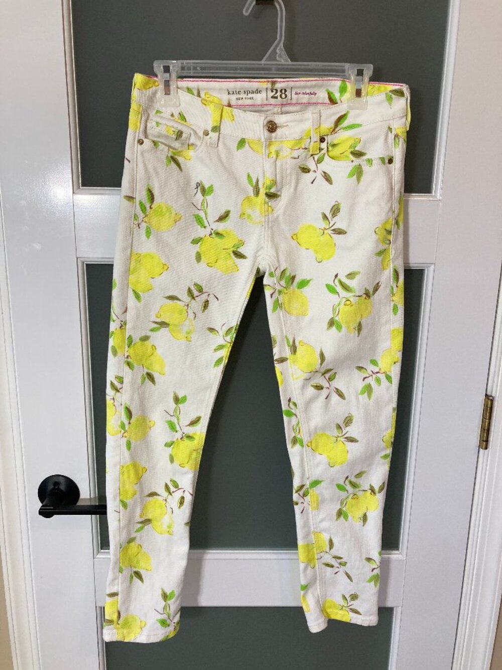 Kate Spade Broome Street Lemon Print Skinny Ankle Jeans Size 28 White Yellow